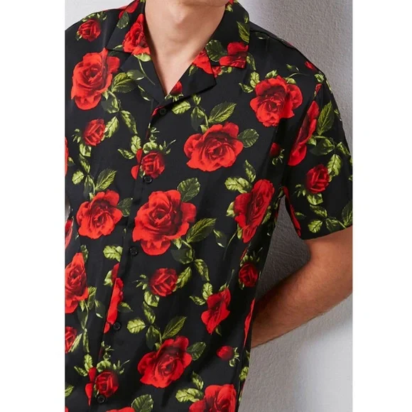 🌹VALENTINES CLASSIC FIT SATIN ROSE PRINT SHIRT - Picture 2 of 5